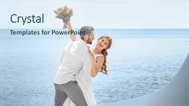  Presentation with happy camper - Cool new PPT layouts with happy newlywed couple on seashore backdrop and a sky blue colored foreground