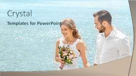  Presentation with seashore - Audience pleasing slide set consisting of happy newlywed couple walking on seashore backdrop and a cool aqua colored foreground