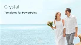  Presentation with seashore - Presentation design featuring happy newlywed couple walking on seashore background and a cool aqua colored foreground