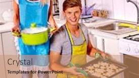 Presentation with baking cookies - Presentation design consisting of happy newlyweds baking cookies in oven background and a coral colored foreground