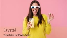  Presentation with movie popcorn - Beautiful slide deck featuring happy-nice-girl-in-3d backdrop and a yellow colored foreground