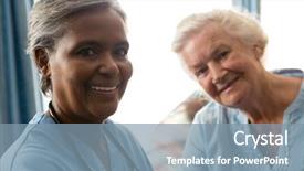  Presentation with community - Beautiful PPT layouts featuring senior woman standing in nursing backdrop and a  colored foreground