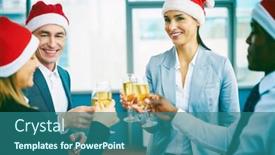  Presentation with christmas party - Cool new PPT layouts with happy office workers in santa caps toasting at christmas party backdrop and a ocean colored foreground