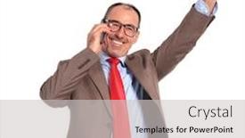  Presentation with winning - Slide deck having happy old businessman winning on the phone standing with one hand in the air on white background background and a light gray colored foreground