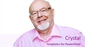  Presentation with happy retirement - Presentation design featuring happy old man looking at camera and smiling healthcare retirement isolated over white background and a pink colored foreground