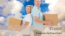  Presentation with older couple - Colorful PPT theme enhanced with happy older couple holding moving boxes against blue sky with white clouds backdrop and a lemonade colored foreground
