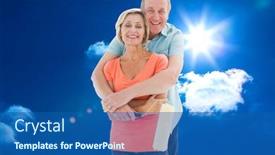  Presentation with older couple - Slides having happy older couple holding paint roller against bright blue sky with clouds background and a ocean colored foreground