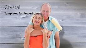  Presentation with older couple - Amazing presentation design having happy older couple holding paint roller against bleached wooden planks background backdrop and a light gray colored foreground