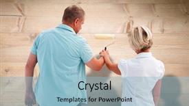  Presentation with older couple - Slides having happy older couple painting white wall against bleached wooden planks background background and a light blue colored foreground