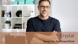  Presentation with older adult - PPT theme with happy-older-good-looking-casual background and a coral colored foreground