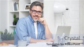 Presentation with older adult - PPT theme having happy-older-man-working-online background and a light blue colored foreground