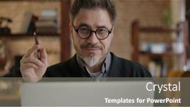  Presentation with older adult - Presentation theme featuring happy-older-man-working-online background and a gray colored foreground