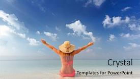  Presentation with hat - PPT theme having happy on sand tropical beach background and a light blue colored foreground