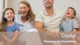  Presentation with children parents - Beautiful PPT theme featuring happy parents and children sitting on sofa at home backdrop and a coral colored foreground