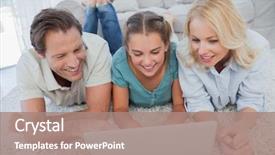  Presentation with parents - Amazing theme having happy parents and daughter using a laptop lying on a carpet backdrop and a coral colored foreground