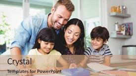  Presentation with parents and children - Slide set enhanced with happy parents assisting children doing background and a coral colored foreground