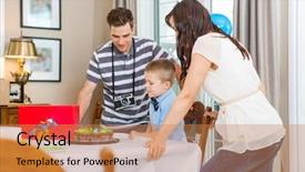  Presentation with happy birthday cake - Amazing slide set having happy parents celebrating son's birthday with cake on table backdrop and a coral colored foreground