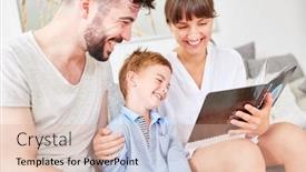  Presentation with album - Audience pleasing PPT theme consisting of happy parents look at a photo album with their son backdrop and a lemonade colored foreground