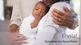  Presentation with happy baby - Amazing PPT theme having happy parents spending time with baby at home in the living room backdrop and a light gray colored foreground