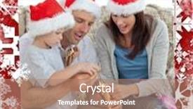  Presentation with parents - Colorful theme enhanced with happy parents with son opening crackers together against christmas themed frame backdrop and a coral colored foreground