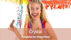  Presentation with happy birthday - PPT theme with happy party girl with puppy present eating chocolate in birthday dirty mouth background and a coral colored foreground