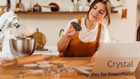  Presentation with pastry chef - PPT theme with happy-pastry-chef-woman-showing background and a coral colored foreground