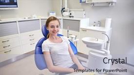  Presentation with patient care - Presentation design with happy patient girl at dental background and a light blue colored foreground