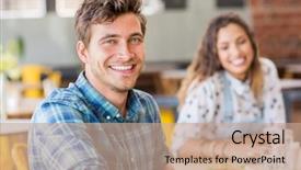  Presentation with man looking up happy - Presentation design enhanced with happy people - cheerful young man looking background and a coral colored foreground