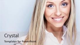  Presentation with young business woman smile show - PPT theme having happy people - smiling young woman in white background and a coral colored foreground