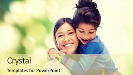  Presentation with family teens and children - Colorful presentation theme enhanced with happy people concept - hugging mother backdrop and a blonde colored foreground