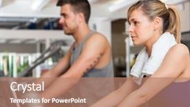  Presentation with biking - Colorful slide set enhanced with happy people doing indoor biking in a fitness club backdrop and a coral colored foreground