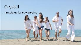  Presentation with fun - Colorful PPT layouts enhanced with happy people group have fun run and jump on beach beautiful sand beach backdrop and a light blue colored foreground