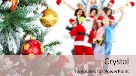  Presentation with christmas tree - Theme enhanced with happy people near christmas tree background and a  colored foreground