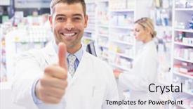  Presentation with pharmacy - PPT theme having happy pharmacist holding his thumb background and a sky blue colored foreground