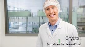  Presentation with hospital pharmacy - Cool new PPT theme with happy-pharmacist-in-a-hairnet backdrop and a light gray colored foreground