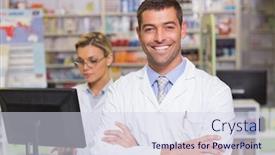  Presentation with hospital pharmacy - Colorful PPT theme enhanced with happy pharmacist looking at camera at the hospital pharmacy backdrop and a sky blue colored foreground