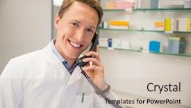  Presentation with hospital pharmacy - Audience pleasing presentation consisting of happy pharmacist on the phone using computer at the hospital pharmacy backdrop and a soft green colored foreground
