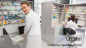  Presentation with hospital pharmacy - Presentation design having happy-pharmacist-using-the-computer background and a light gray colored foreground