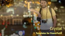  Presentation with blurred bokeh - Amazing presentation theme having happy photographer rest on tripod in front of the city at night with blurred lights and bokeh ove backdrop and a tawny brown colored foreground