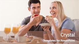  Presentation with spread - Colorful slide deck enhanced with happy playful couple enjoying breakfast in bed grinning at each other as they prepare to bite into toast and jam with a spread of orange juice coffee and eggs on a tray in front of them backdrop and a coral colored foreground