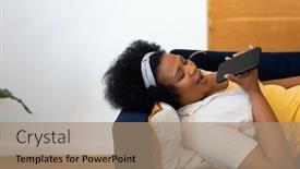  Presentation with relaxation - Presentation theme with happy-plus-size-african-american background and a coral colored foreground