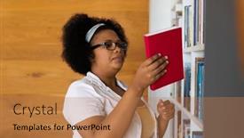  Presentation with book glasses - PPT layouts featuring happy-plus-size-african-american background and a coral colored foreground