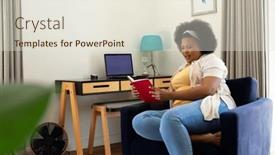  Presentation with relaxation - Presentation design featuring happy-plus-size-african-american background and a sky blue colored foreground