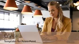  Presentation with business office desk - Theme featuring happy-plus-size-caucasian-casual background and a  colored foreground