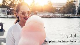  Presentation with cotton candy - PPT theme consisting of happy-plus-size-woman-eating background and a white colored foreground
