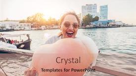  Presentation with cotton candy - Slide deck with happy-plus-size-woman-eating background and a coral colored foreground