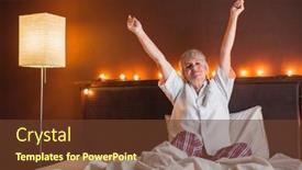  Presentation with new home - PPT theme consisting of happy-positive-senior-woman-stretching background and a tawny brown colored foreground