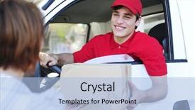  Presentation with courier - Beautiful slide deck featuring happy postal delivery courier backdrop and a light blue colored foreground