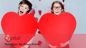  Presentation with friendship day - Colorful slides enhanced with happy pre-teen boy and girl holding two red hearts friendship first love valentine's day backdrop and a red colored foreground