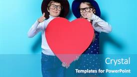  Presentation with friendship day - Colorful theme enhanced with happy pre-teen boy and girl holding big red heart over blue background friendship first love valentine's day backdrop and a teal colored foreground